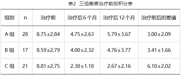 表2  三组瘢痕治疗前后积分表.jpg